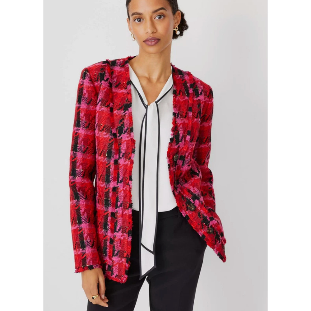 NEW ANN TAYLOR PINK MULTI HOUNDSTOOTH TWEED LONG CARDIGAN JACKET SZ 4
